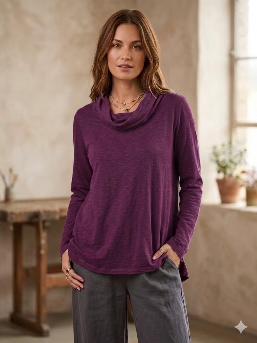 cut loose plum long sleeve cowl neck sweatshirt